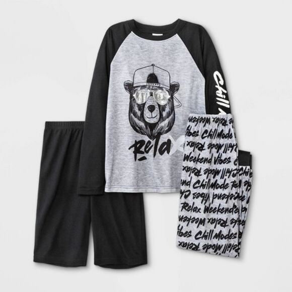 Jellifish Kids Boys 3pc Bear Pajama Set Gray L Relax Chill Pants Shirt Shorts - Picture 1 of 4